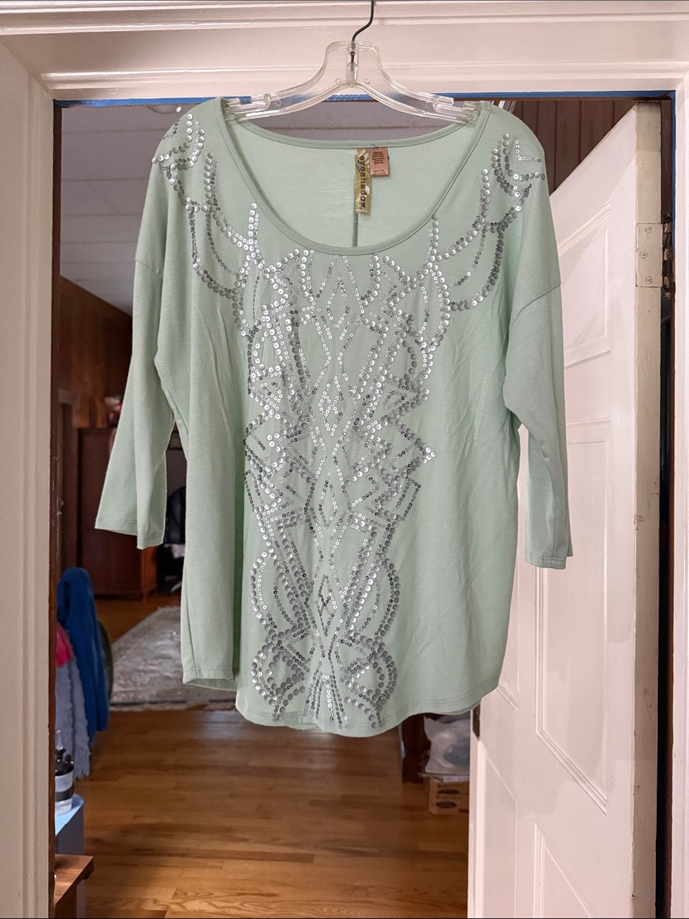 Eyeshadow Mint Green Long Sleeve Scoop Neck Top with Sequin Detail